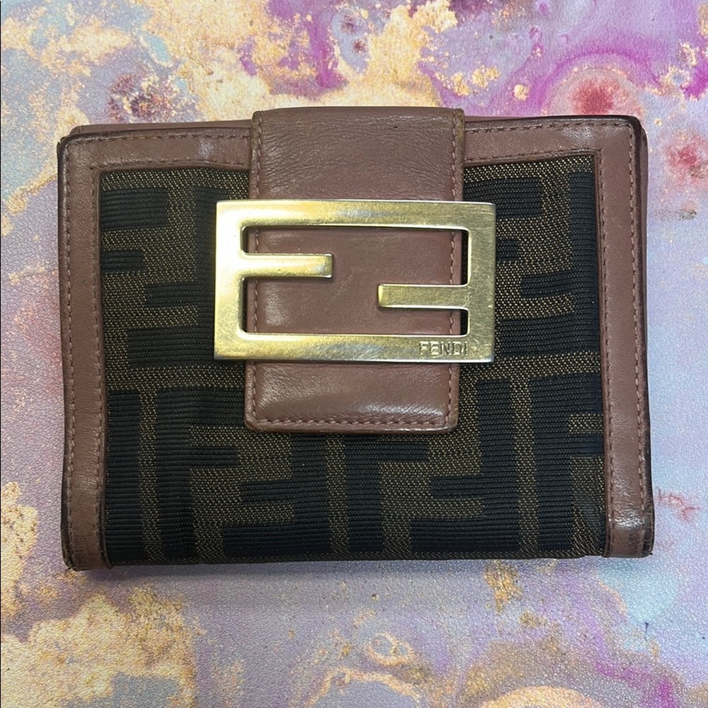 Fendi Brown and Black Wallet with Gold Hardware